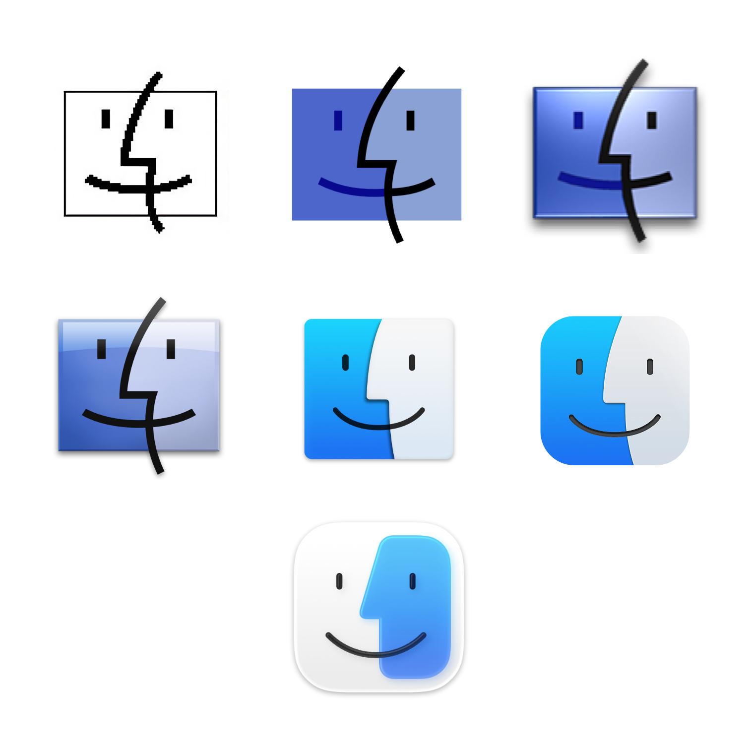 The Finder icon evolving from early monochrome faces through Aqua and modern macOS